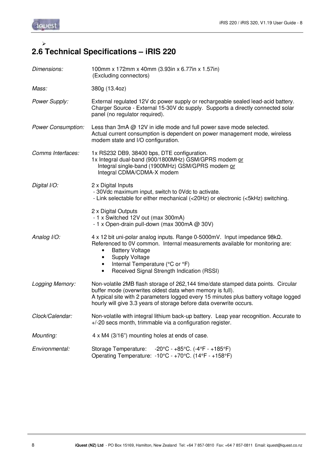 Optiquest iRIS 320, iRIS 220 manual Technical Specifications iRIS 