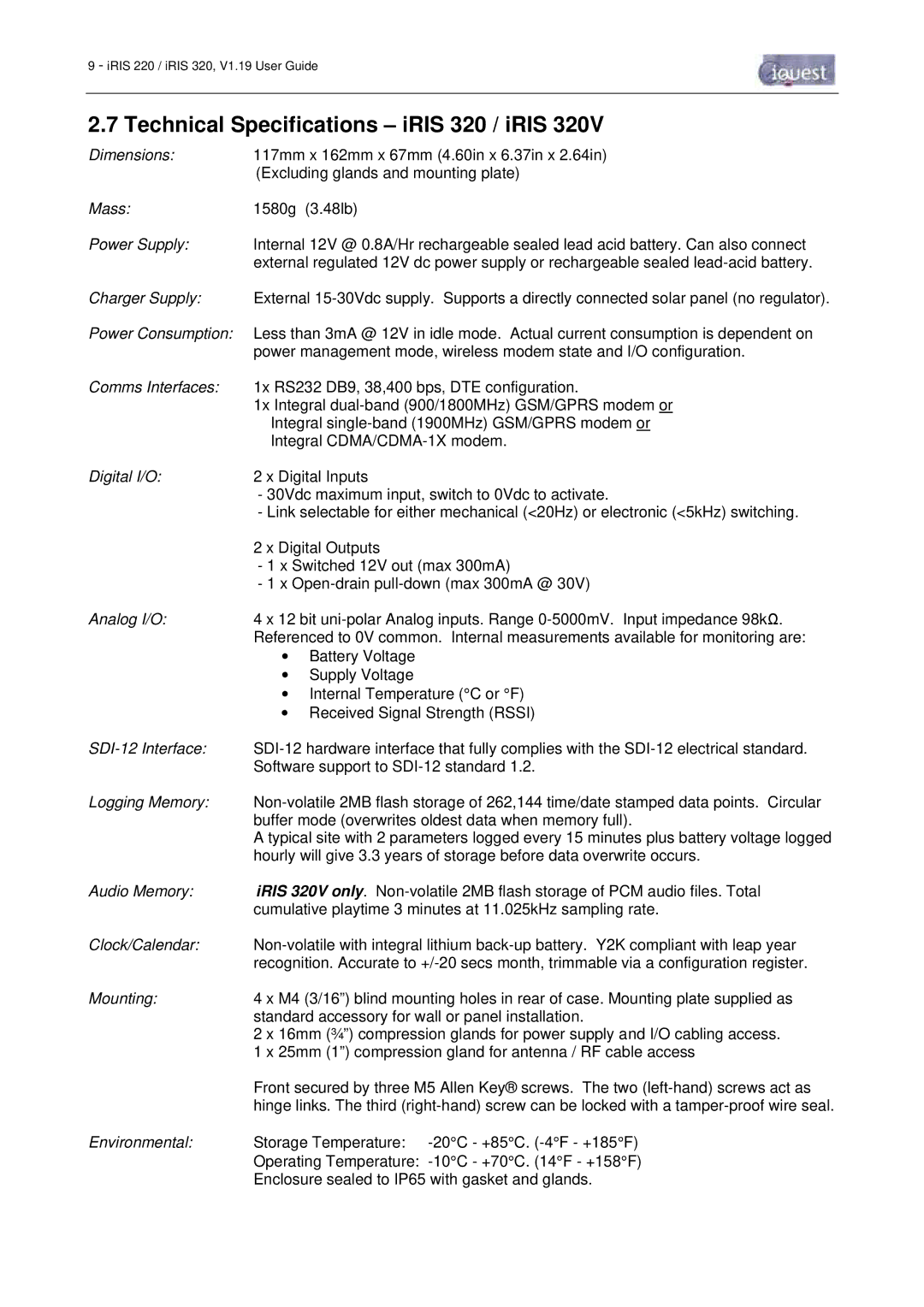 Optiquest iRIS 220 manual Technical Specifications iRIS 320 / iRIS 