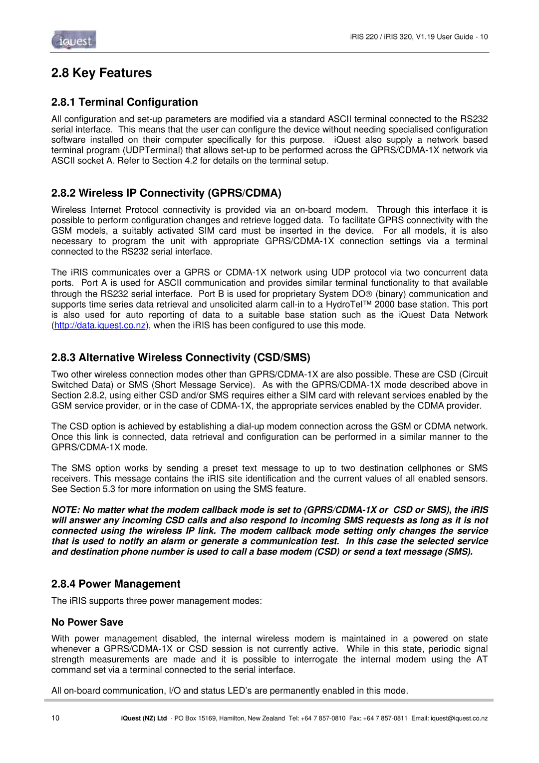 Optiquest iRIS 320, iRIS 220 Key Features, Terminal Configuration, Wireless IP Connectivity GPRS/CDMA, Power Management 