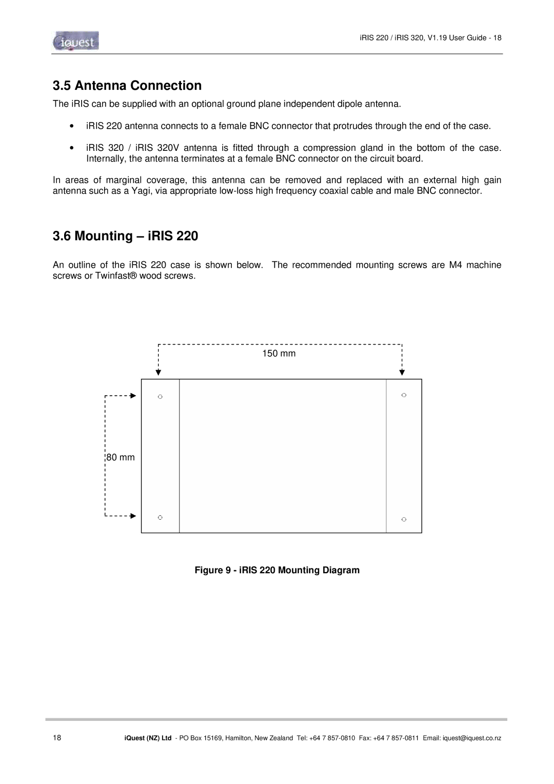 Optiquest iRIS 320, iRIS 220 manual Antenna Connection, Mounting iRIS 