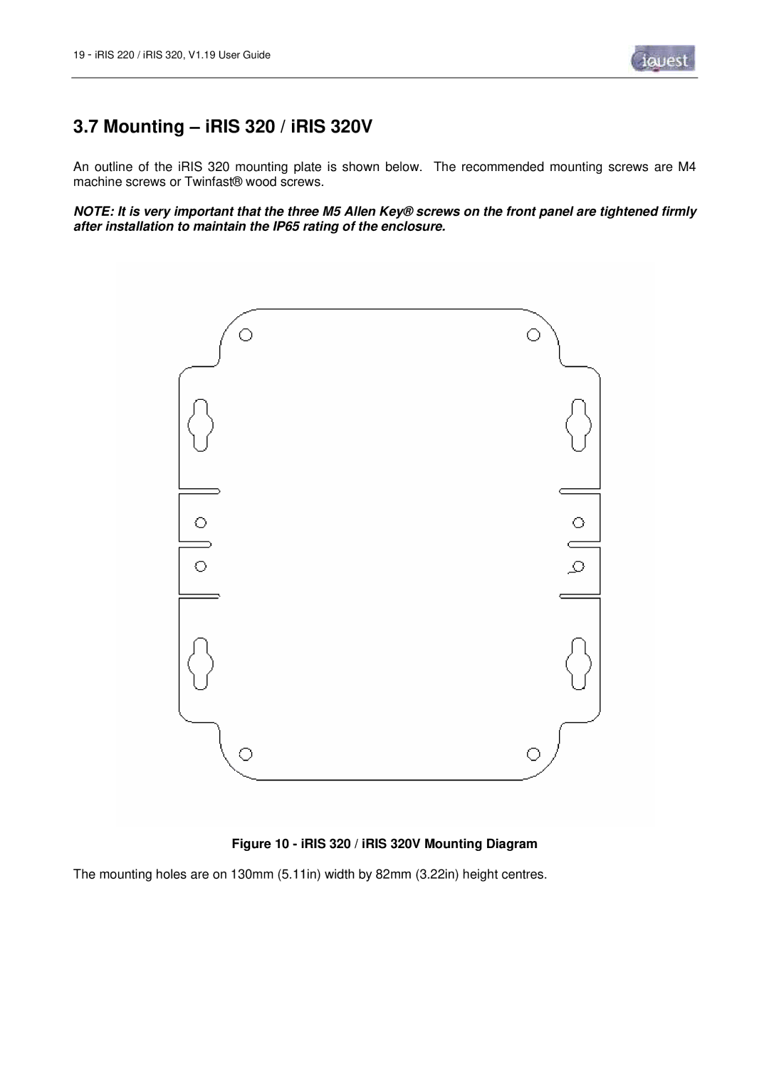 Optiquest iRIS 220 manual Mounting iRIS 320 / iRIS, IRIS 320 / iRIS 320V Mounting Diagram 