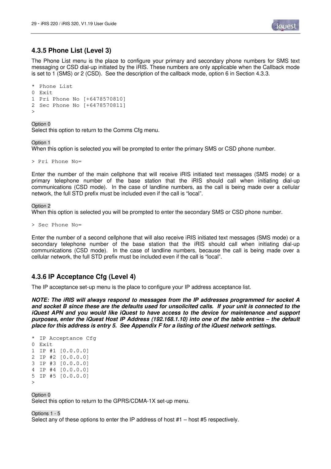 Optiquest iRIS 220, iRIS 320 manual Phone List Level, IP Acceptance Cfg Level 