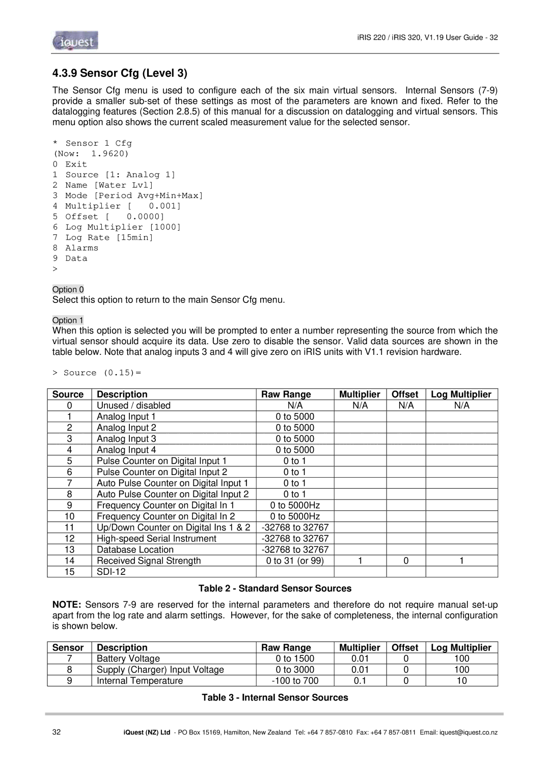 Optiquest iRIS 320, iRIS 220 manual Sensor Cfg Level, Internal Sensor Sources Log Multiplier 100 100 