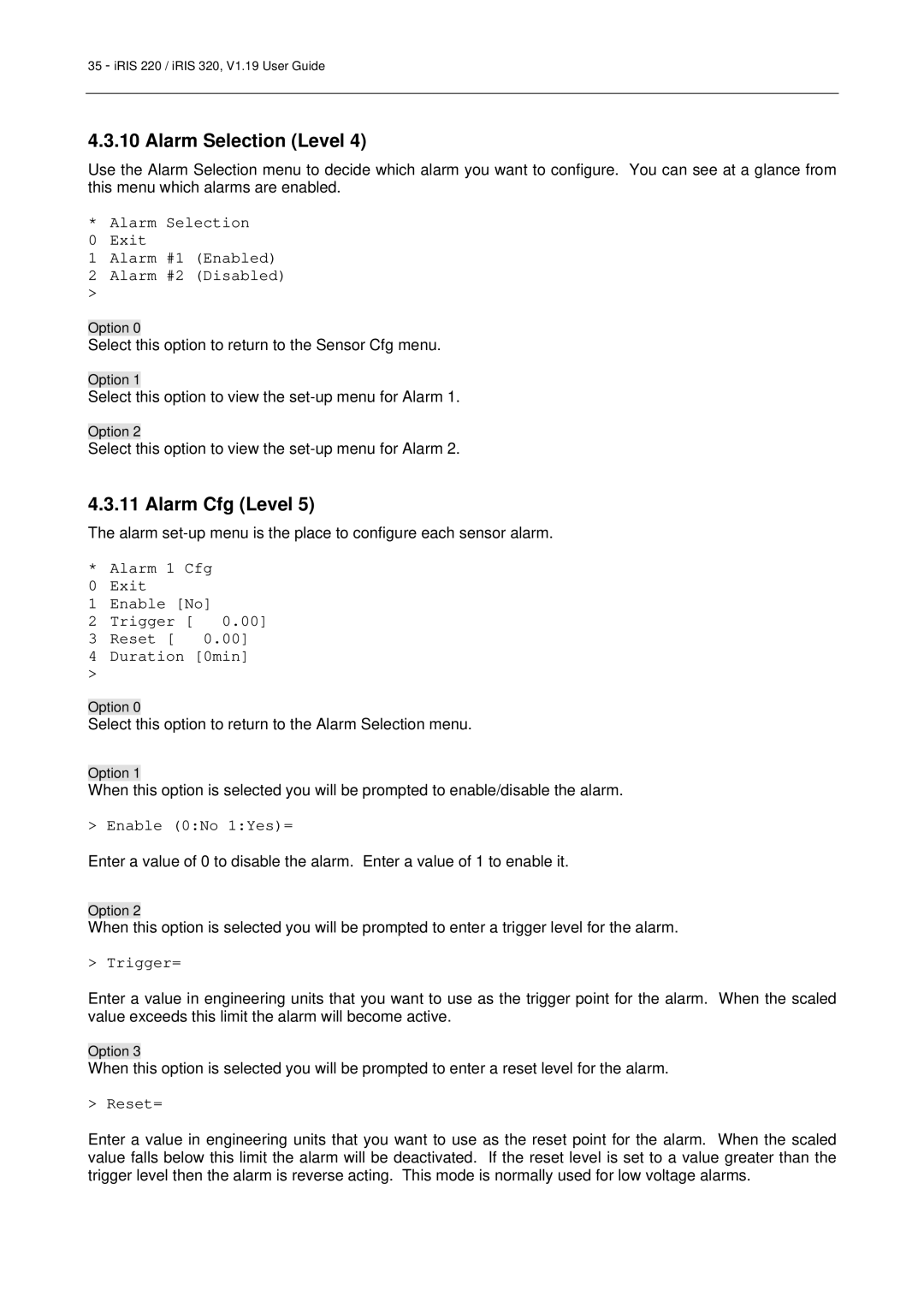 Optiquest iRIS 220, iRIS 320 manual Alarm Selection Level, Alarm Cfg Level 