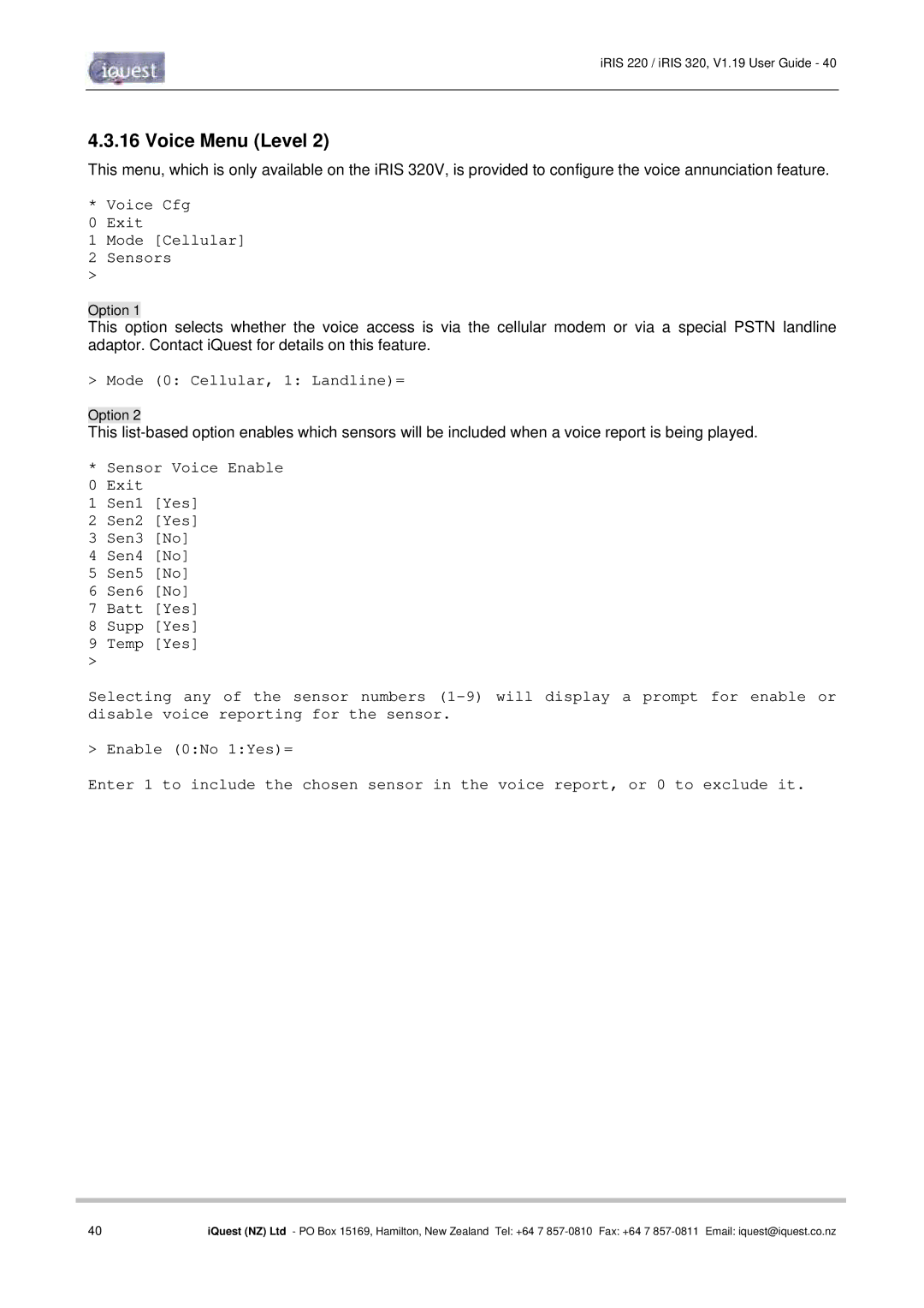 Optiquest iRIS 320, iRIS 220 manual Voice Menu Level 