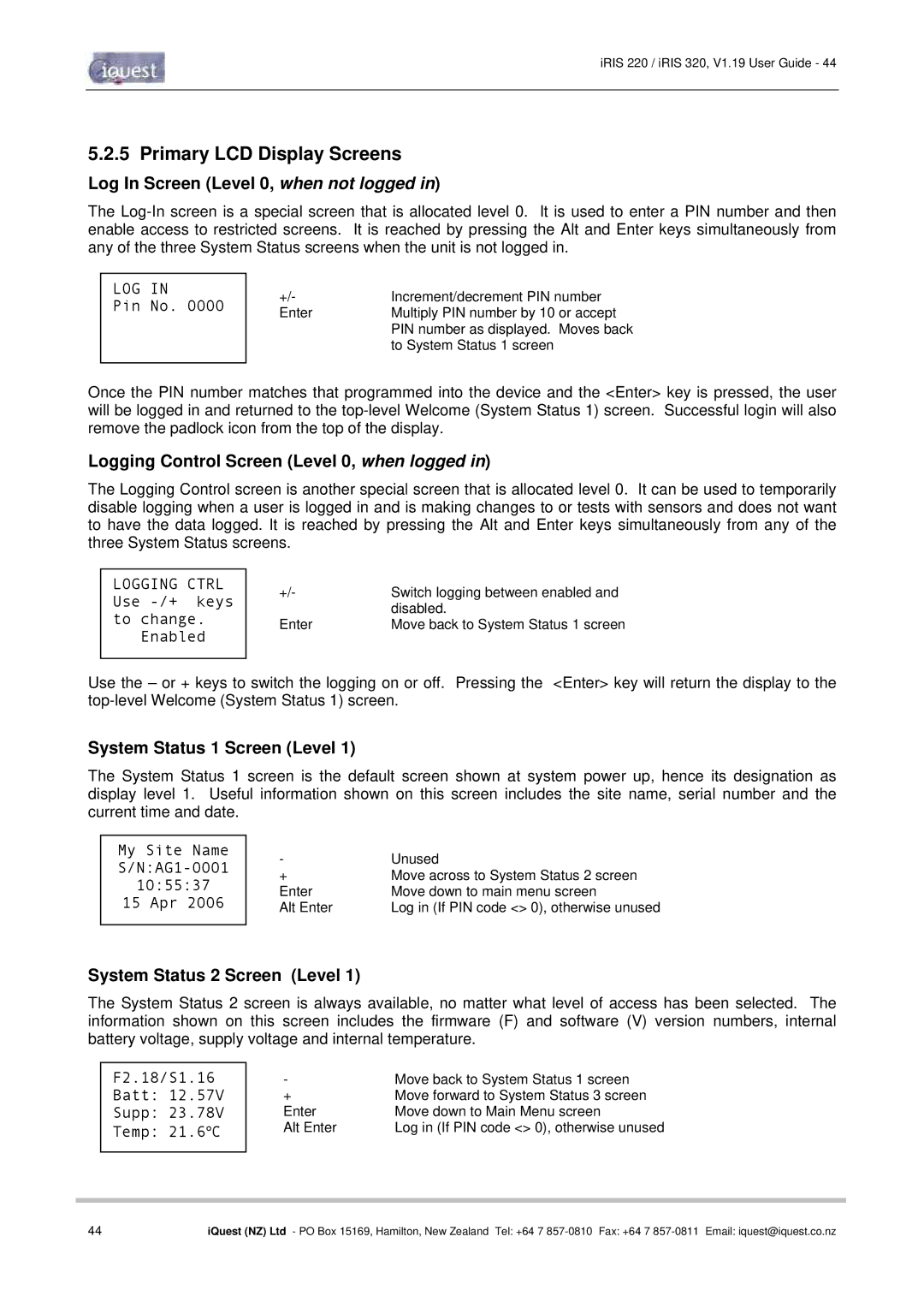 Optiquest iRIS 320 manual Primary LCD Display Screens, Log In Screen Level 0, when not logged, System Status 1 Screen Level 