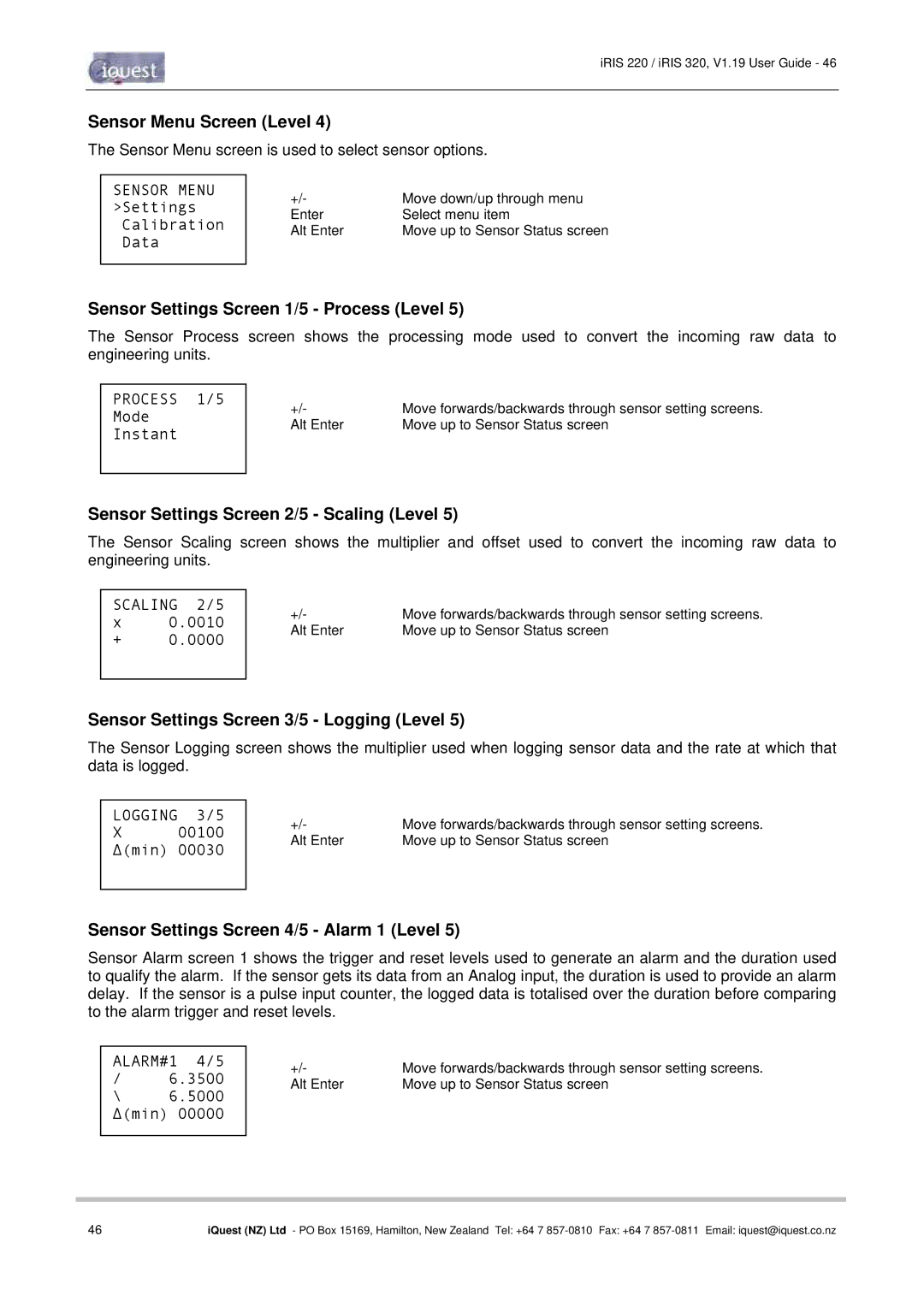 Optiquest iRIS 320, iRIS 220 manual Sensor Menu Screen Level, Sensor Settings Screen 1/5 Process Level 