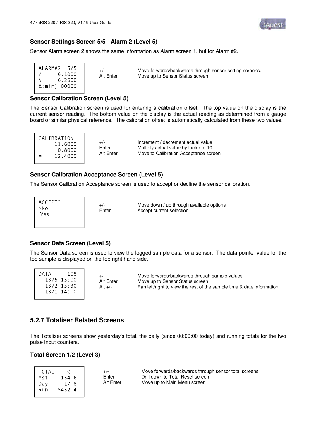 Optiquest iRIS 220, iRIS 320 manual Totaliser Related Screens 