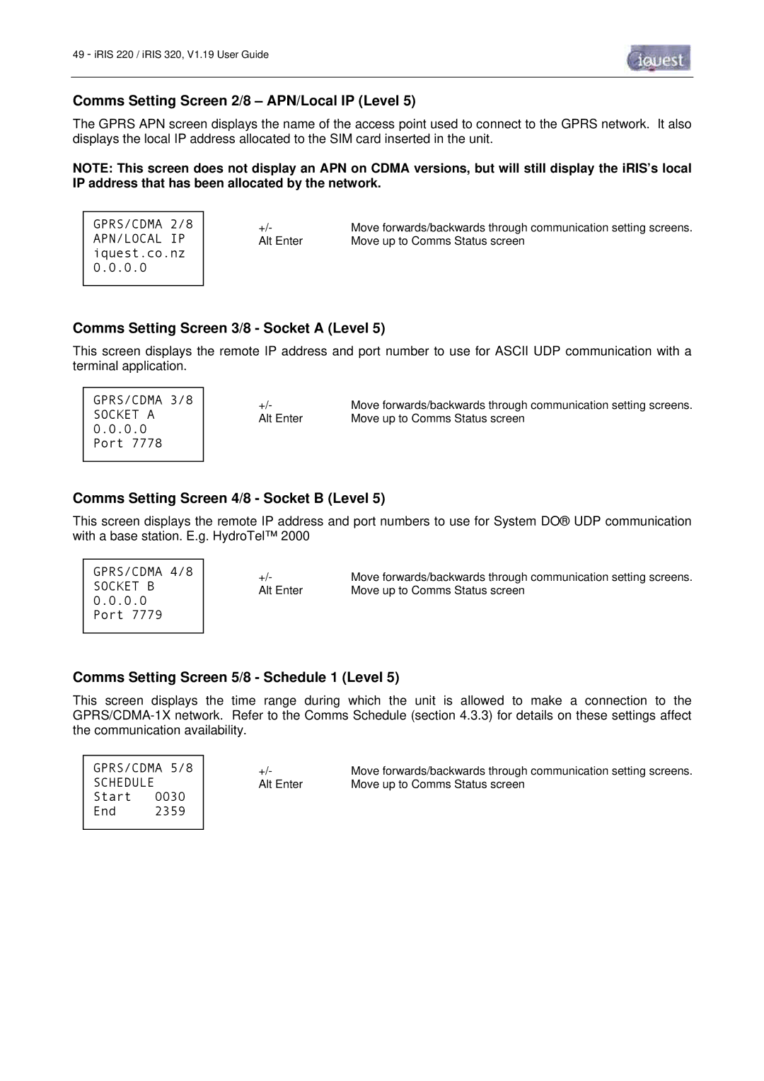 Optiquest iRIS 220, iRIS 320 manual Comms Setting Screen 2/8 APN/Local IP Level, Comms Setting Screen 3/8 Socket a Level 