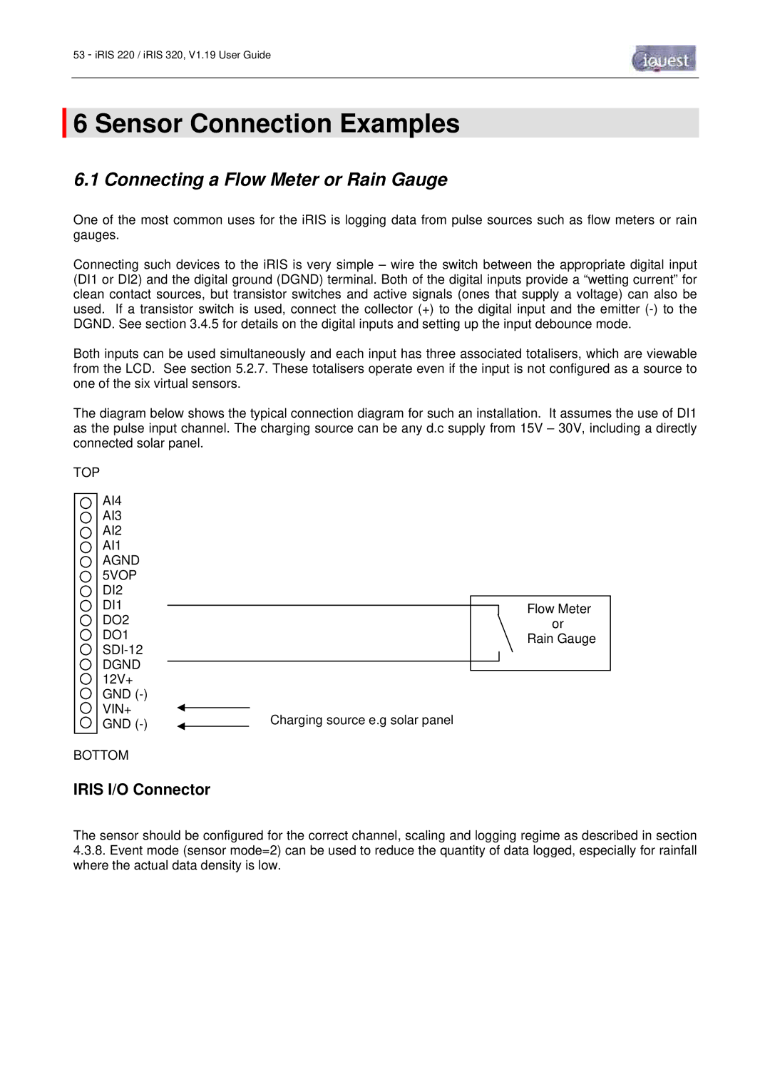 Optiquest iRIS 220, iRIS 320 manual Sensor Connection Examples, Connecting a Flow Meter or Rain Gauge, Iris I/O Connector 