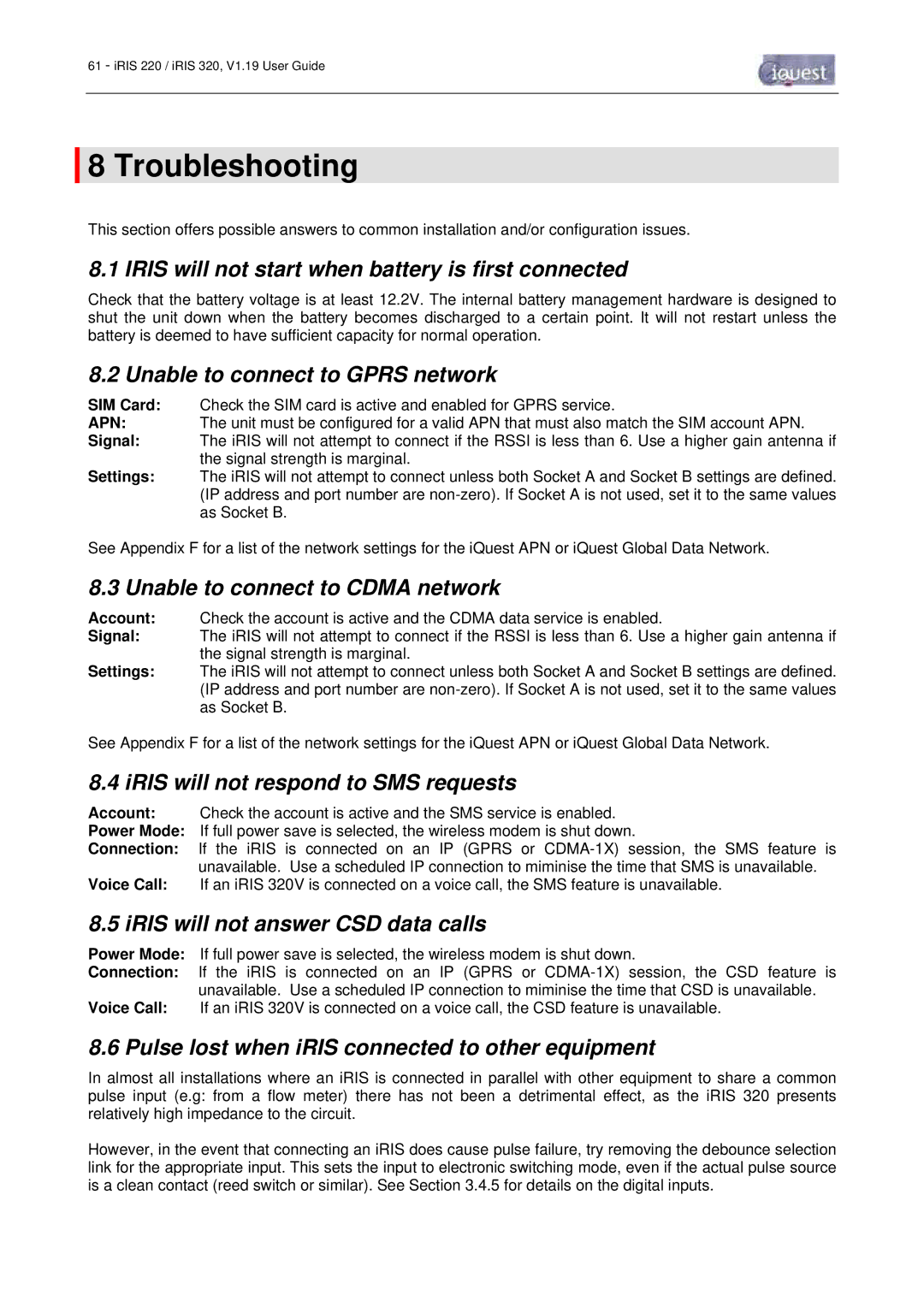 Optiquest iRIS 220, iRIS 320 manual Troubleshooting 