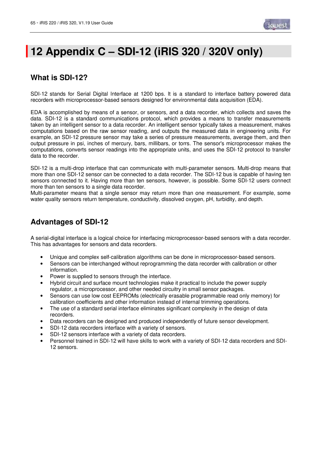 Optiquest iRIS 220 manual Appendix C SDI-12 iRIS 320 / 320V only, What is SDI-12?, Advantages of SDI-12 