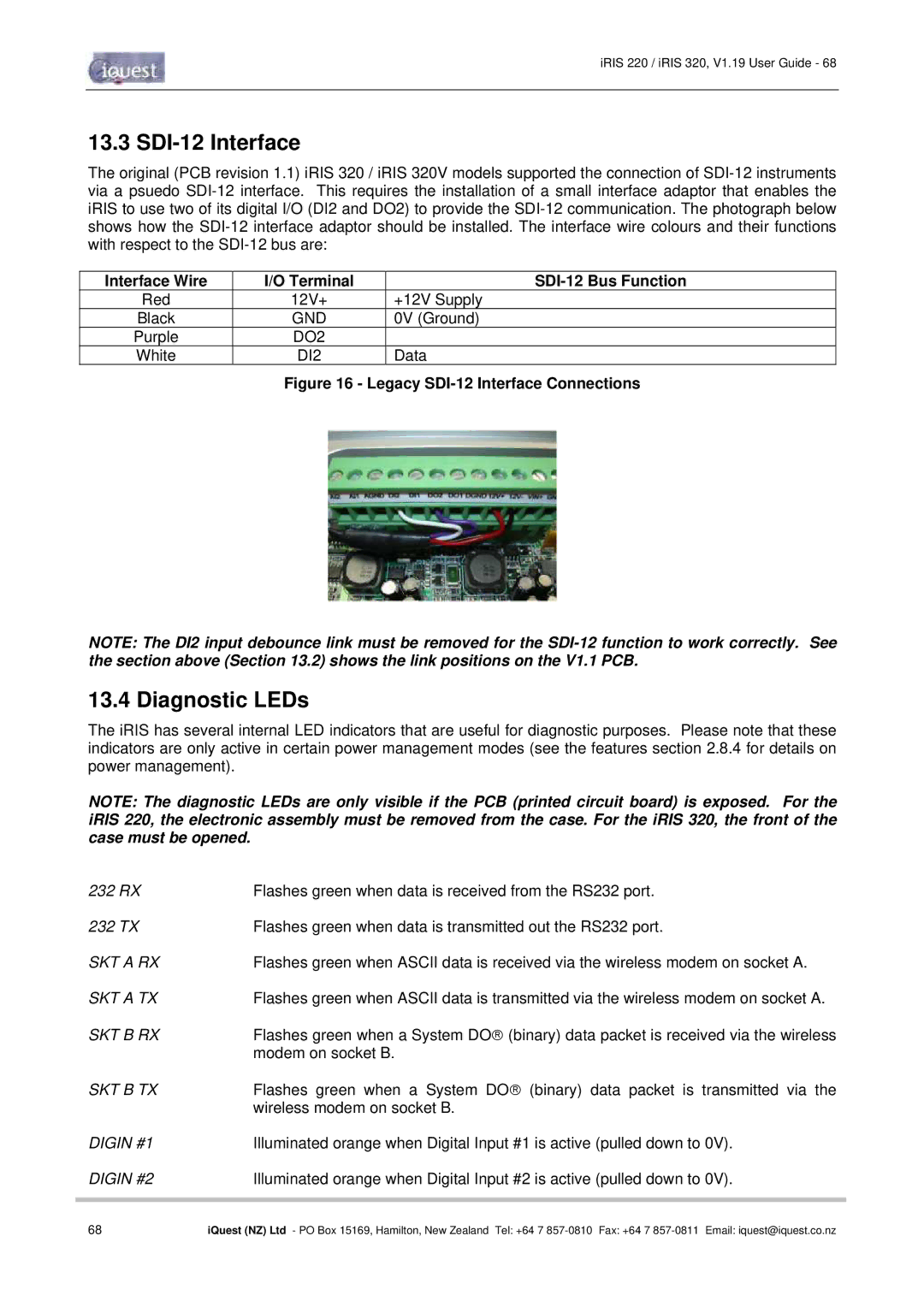 Optiquest iRIS 320, iRIS 220 manual SDI-12 Interface, Diagnostic LEDs, Interface Wire Terminal SDI-12 Bus Function 