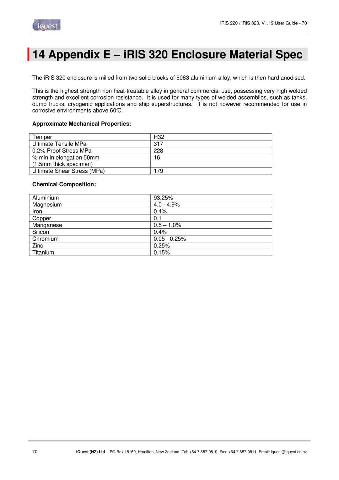 Optiquest manual Appendix E iRIS 320 Enclosure Material Spec, Approximate Mechanical Properties, Chemical Composition 