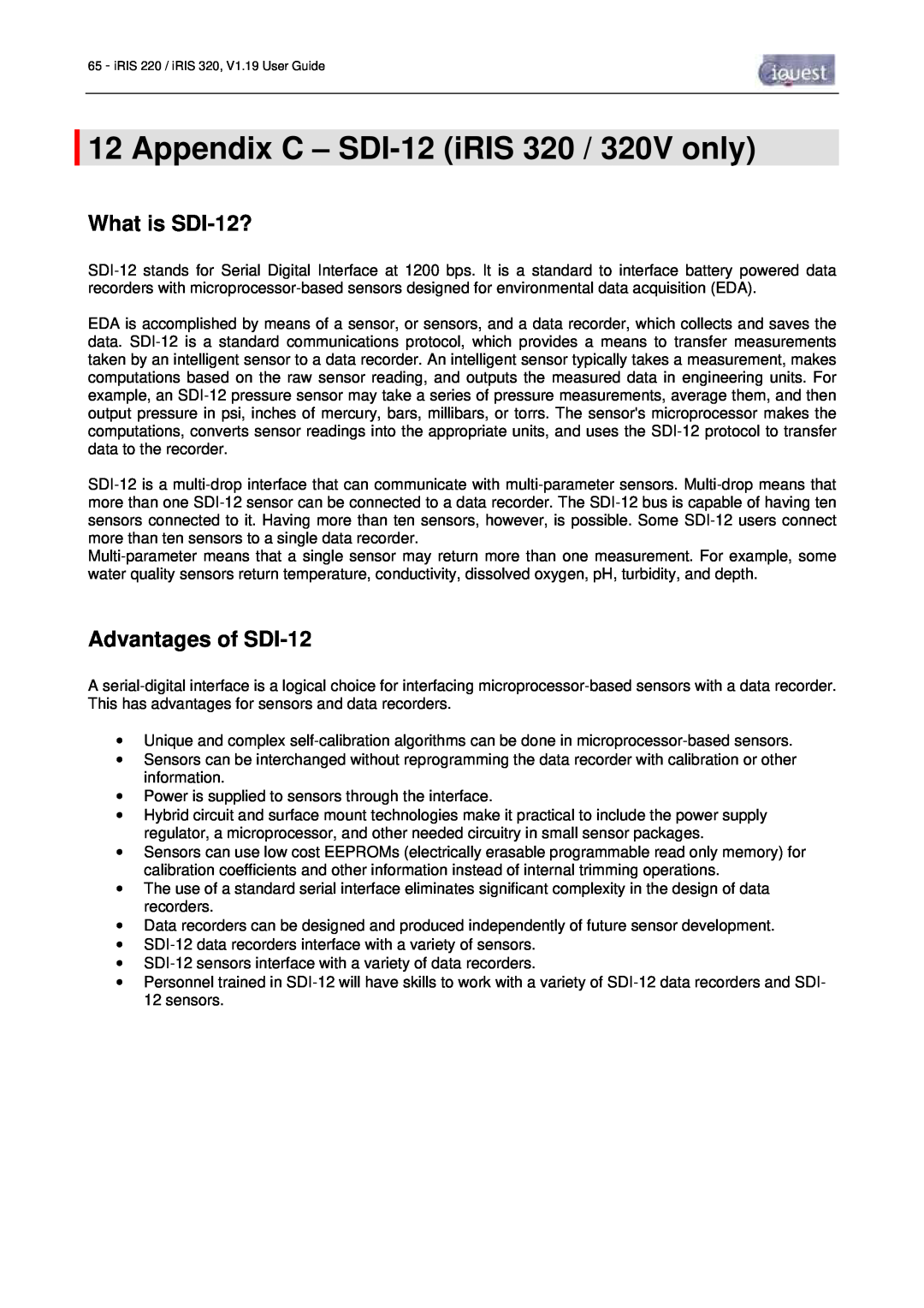 Optiquest iRIS 220 manual Appendix C - SDI-12 iRIS 320 / 320V only, What is SDI-12?, Advantages of SDI-12 