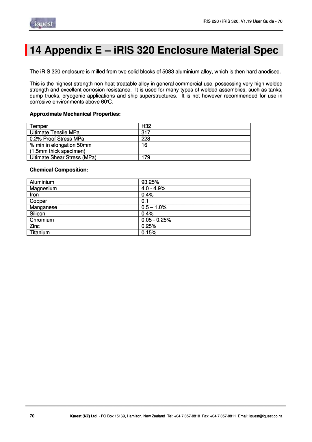 Optiquest manual Appendix E - iRIS 320 Enclosure Material Spec, Approximate Mechanical Properties, Chemical Composition 