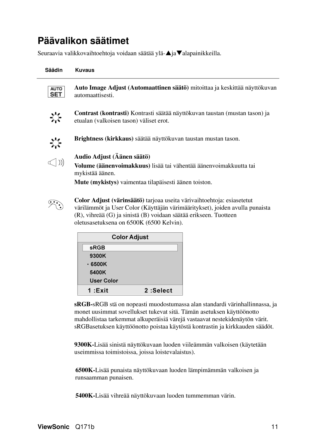 Optiquest VS11351 manual Päävalikon säätimet, Audio Adjust Äänen säätö 