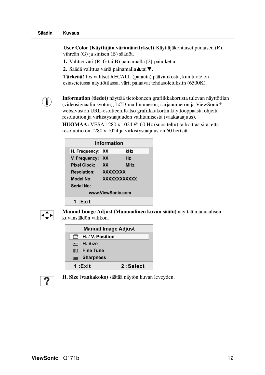 Optiquest VS11351 manual Size vaakakoko säätää näytön kuvan leveyden 