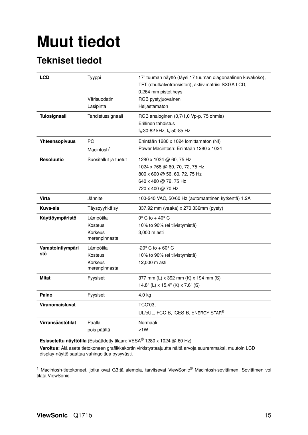 Optiquest VS11351 manual Muut tiedot, Tekniset tiedot 