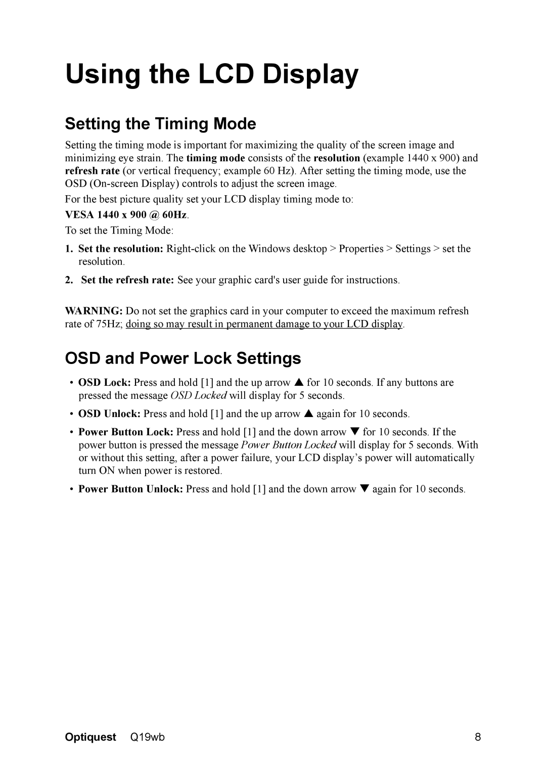 Optiquest VS11443 warranty Setting the Timing Mode, OSD and Power Lock Settings 