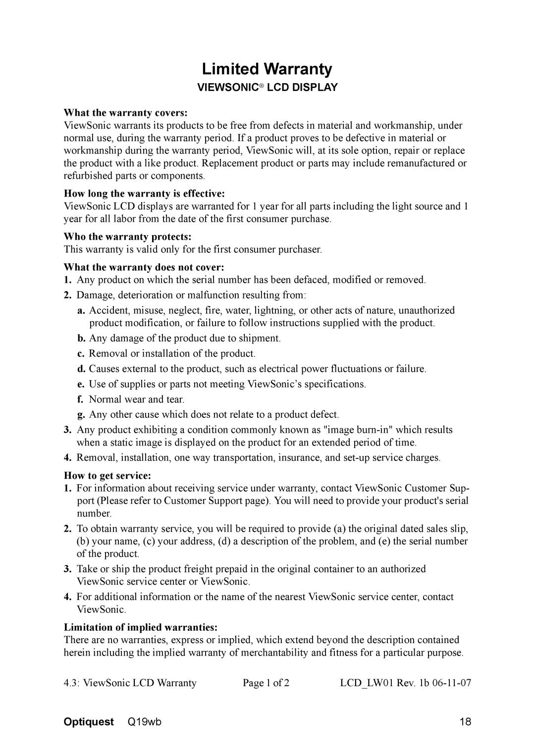 Optiquest VS11443 warranty Limited Warranty, Viewsonic LCD Display 
