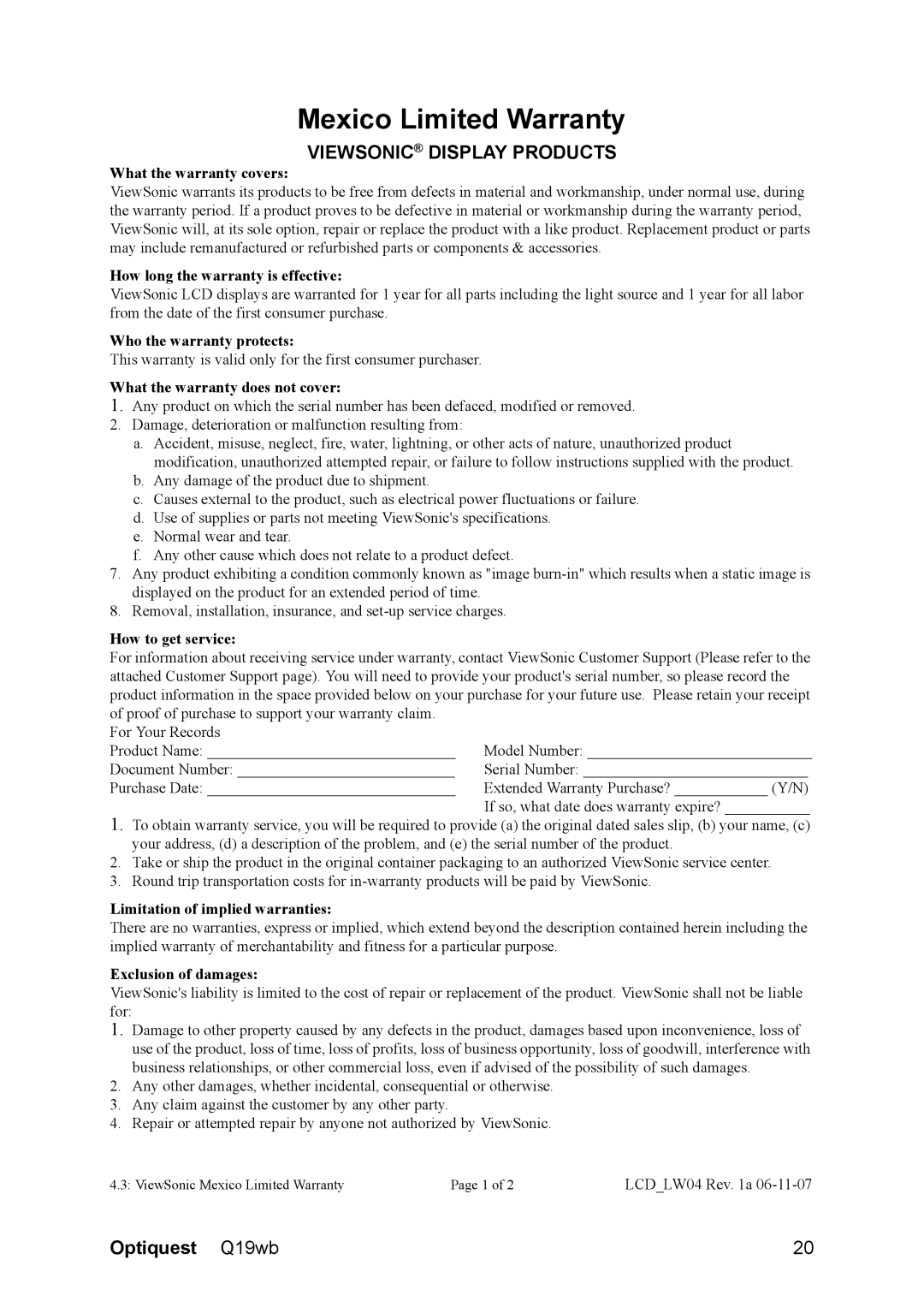 Optiquest VS11443 warranty Mexico Limited Warranty, Viewsonic Display Products 
