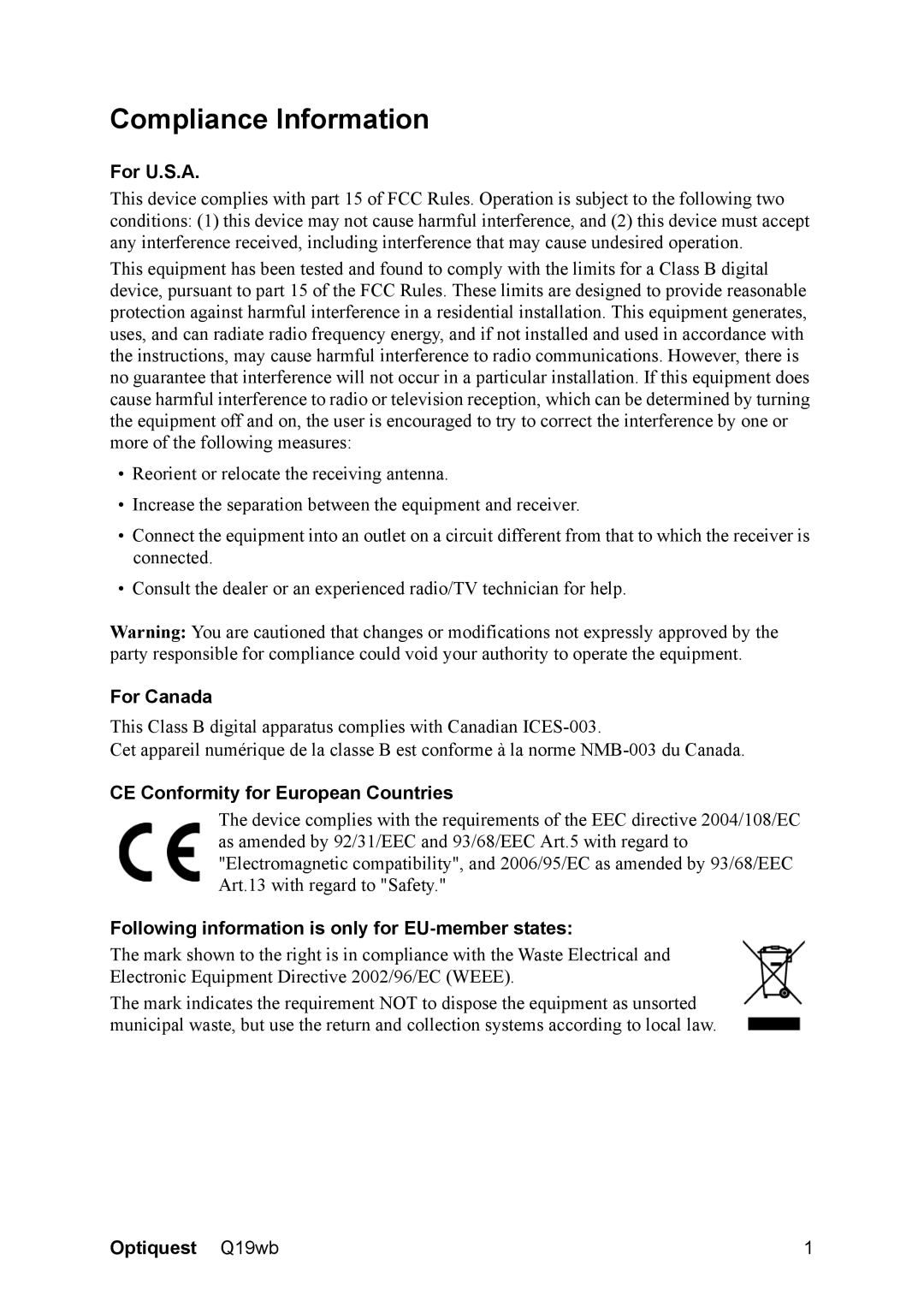 Optiquest VS11443 warranty Compliance Information, For U.S.A, For Canada, CE Conformity for European Countries 