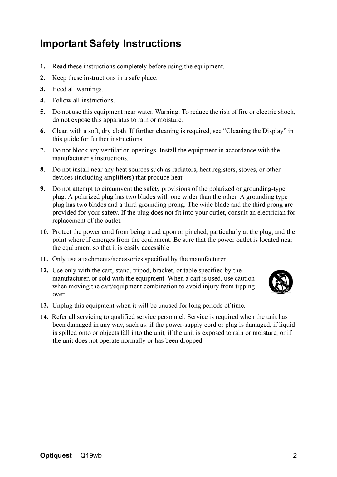 Optiquest VS11443 warranty Important Safety Instructions 