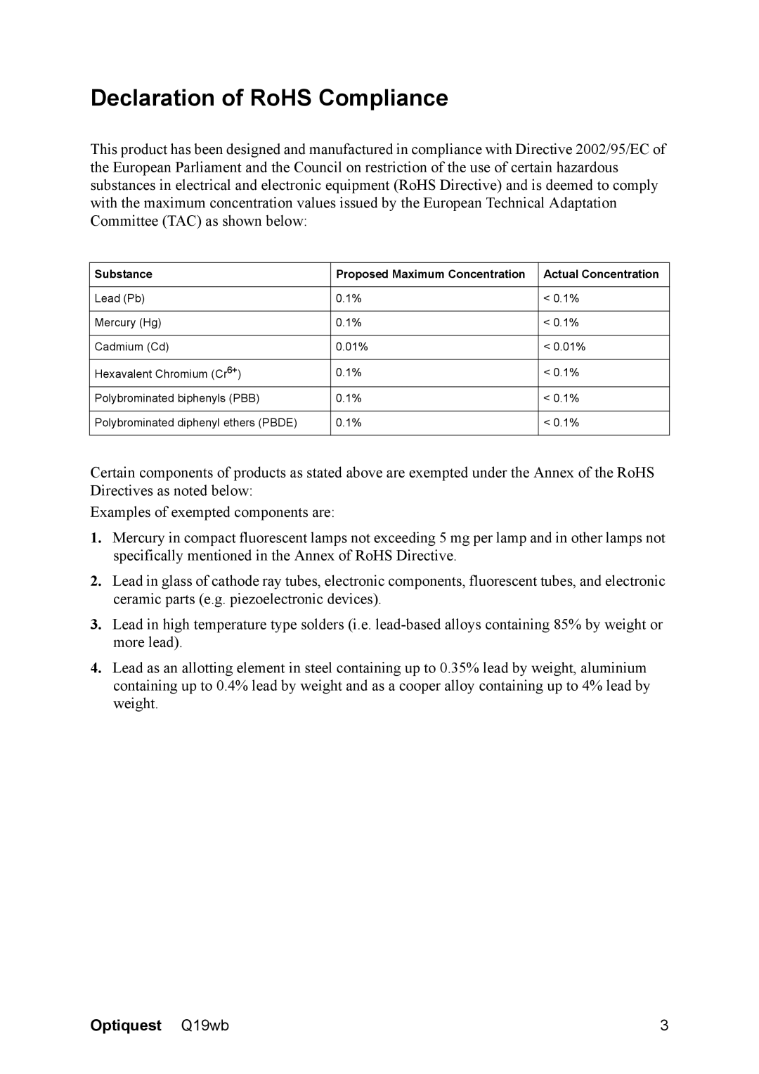 Optiquest VS11443 warranty Declaration of RoHS Compliance 