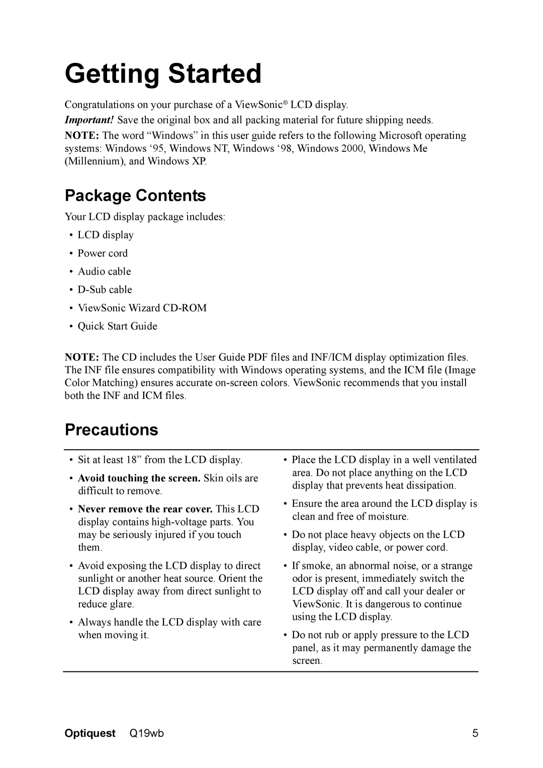 Optiquest VS11443 warranty Package Contents, Precautions 