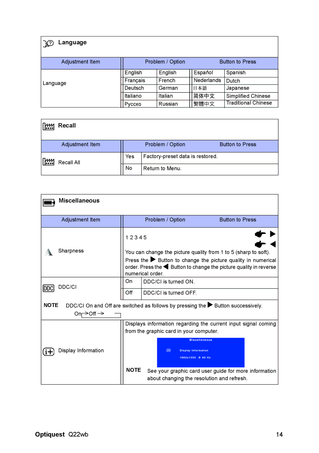 Optiquest VS11725 manual Language, Recall, Miscellaneous 