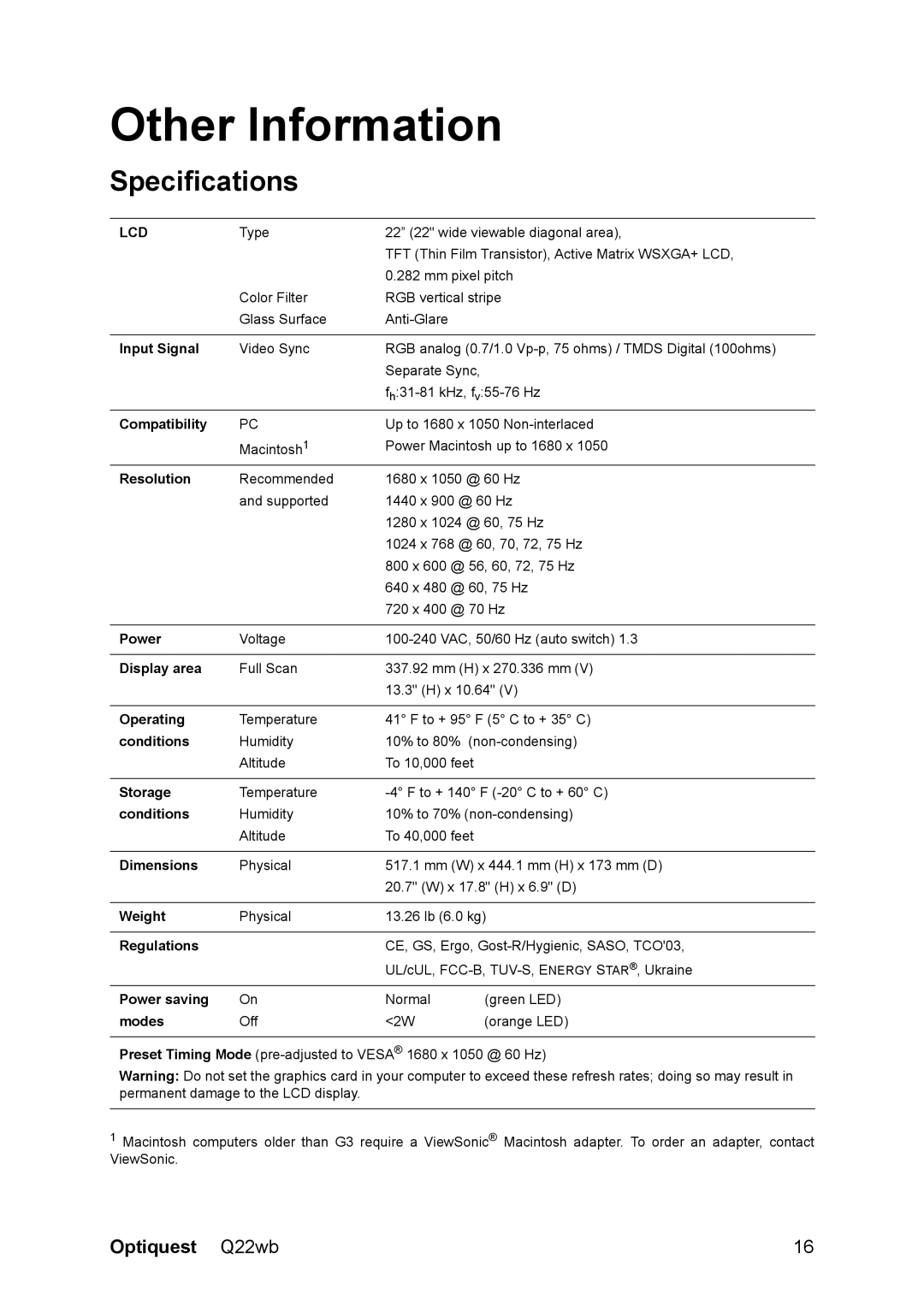 Optiquest VS11725 manual Other Information, Specifications 