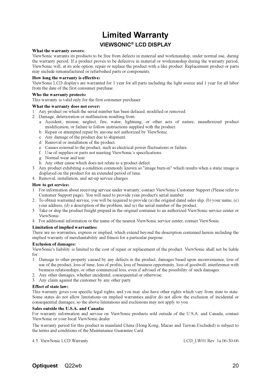 Optiquest VS11725 manual Limited Warranty, Viewsonic LCD Display 