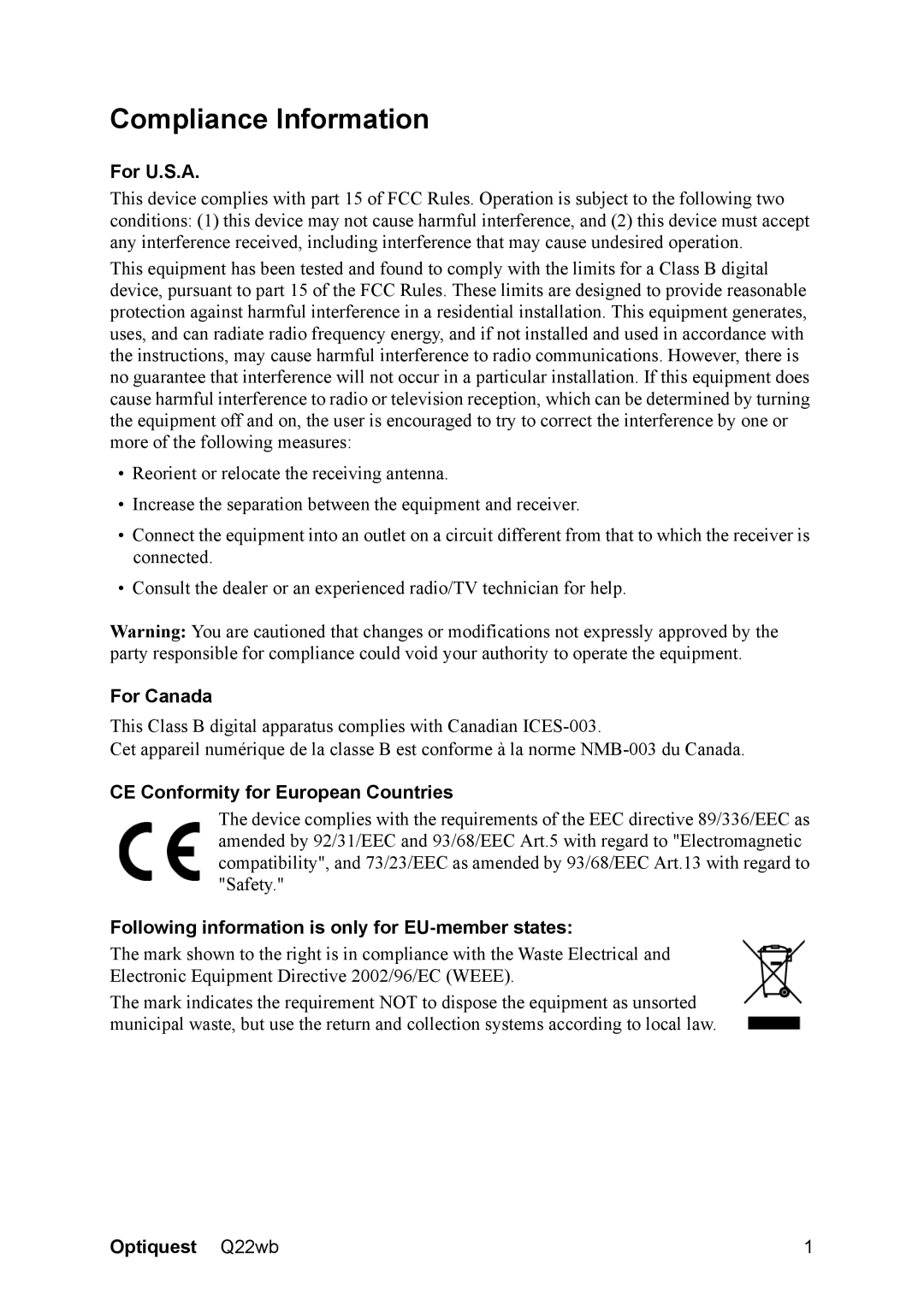 Optiquest VS11725 manual Compliance Information, For U.S.A, For Canada, CE Conformity for European Countries 