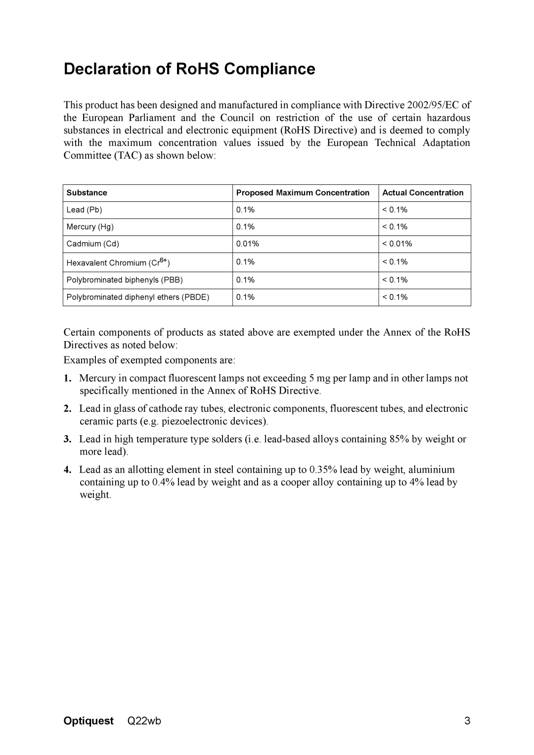 Optiquest VS11725 manual Declaration of RoHS Compliance 