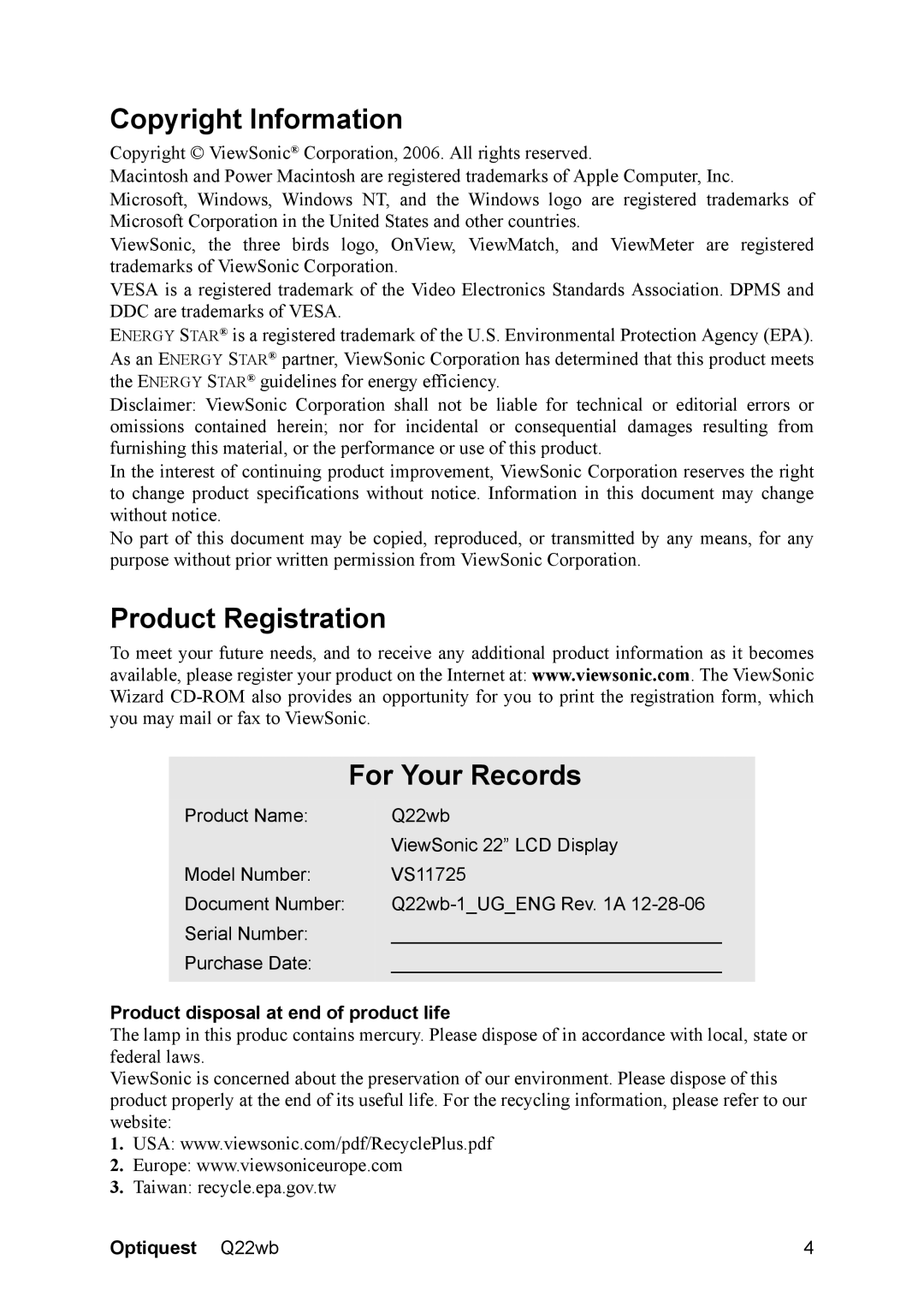 Optiquest VS11725 Copyright Information, Product Registration For Your Records, Product disposal at end of product life 