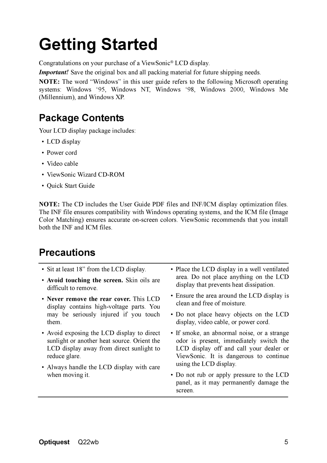 Optiquest VS11725 manual Getting Started, Package Contents, Precautions 