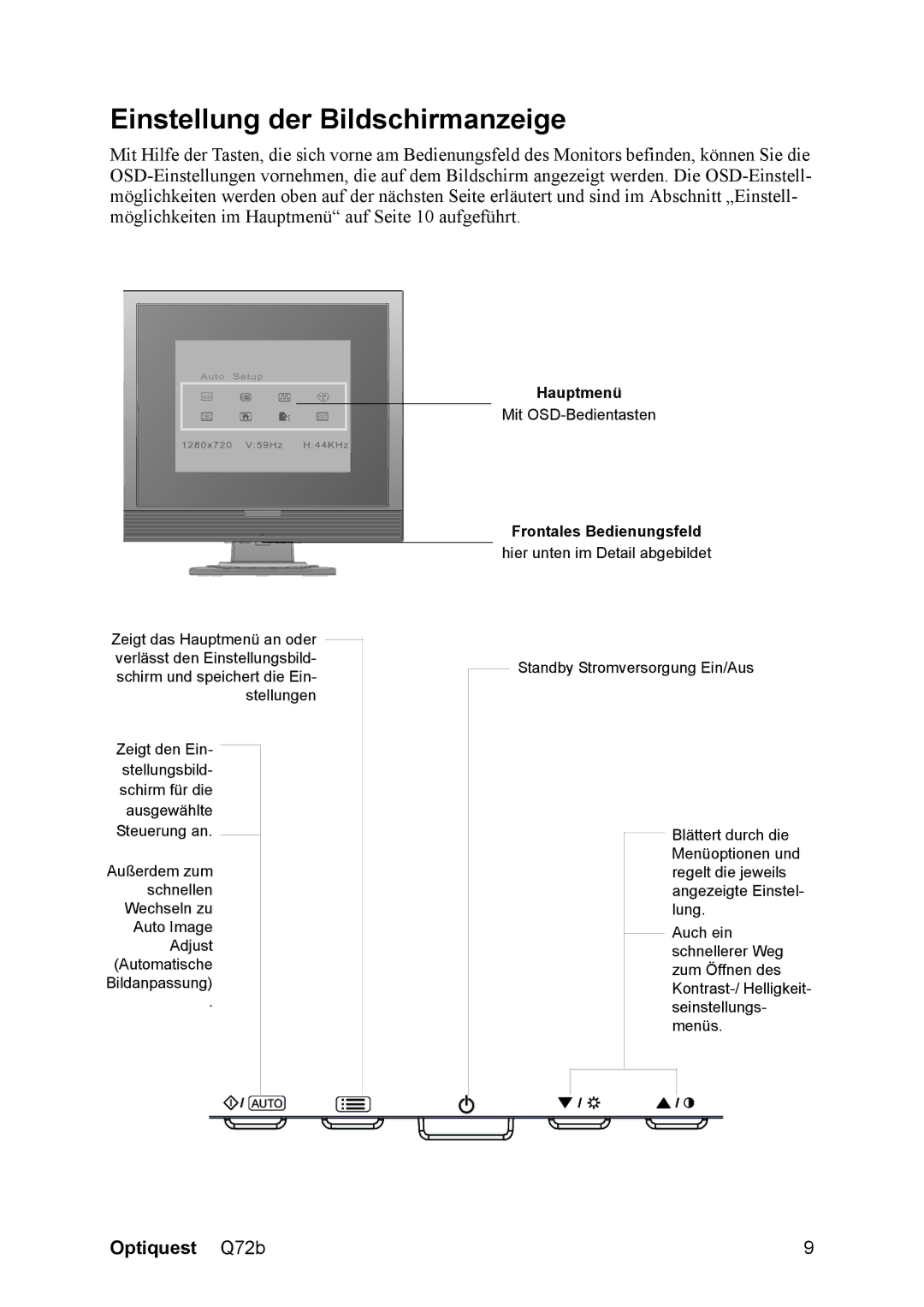 Optiquest VS12087 manual Einstellung der Bildschirmanzeige, Frontales Bedienungsfeld 