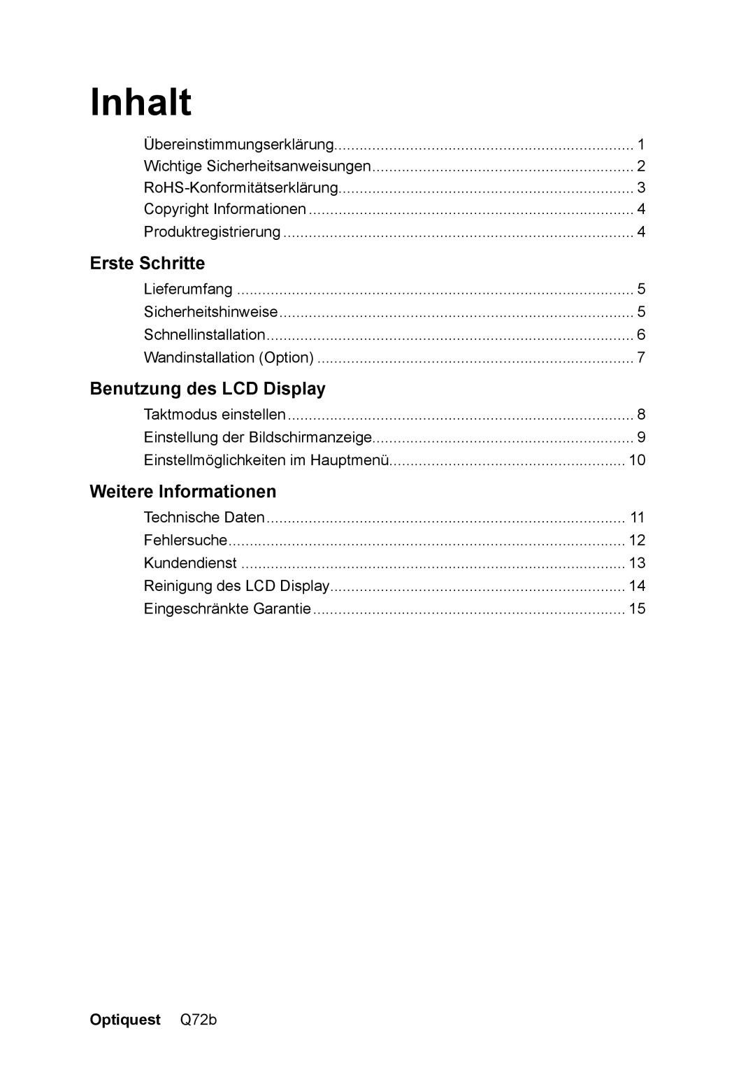 Optiquest VS12087 manual Inhalt, Optiquest Q72b 