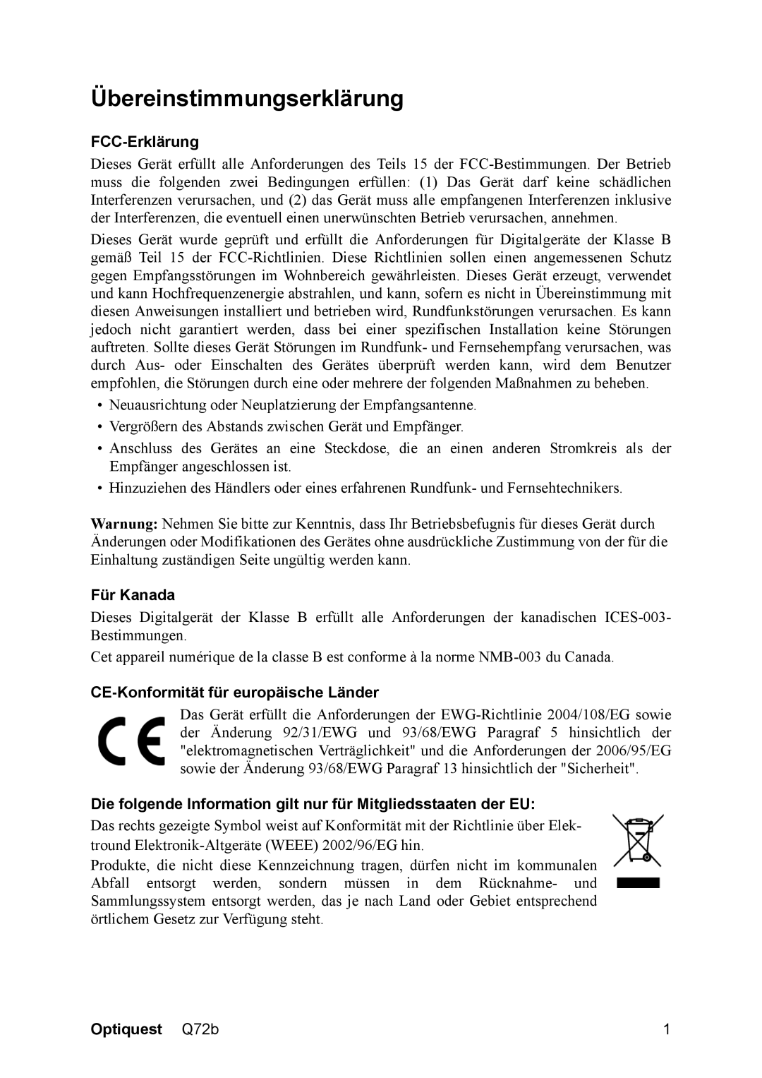 Optiquest VS12087 manual Übereinstimmungserklärung, FCC-Erklärung, Für Kanada, CE-Konformität für europäische Länder 