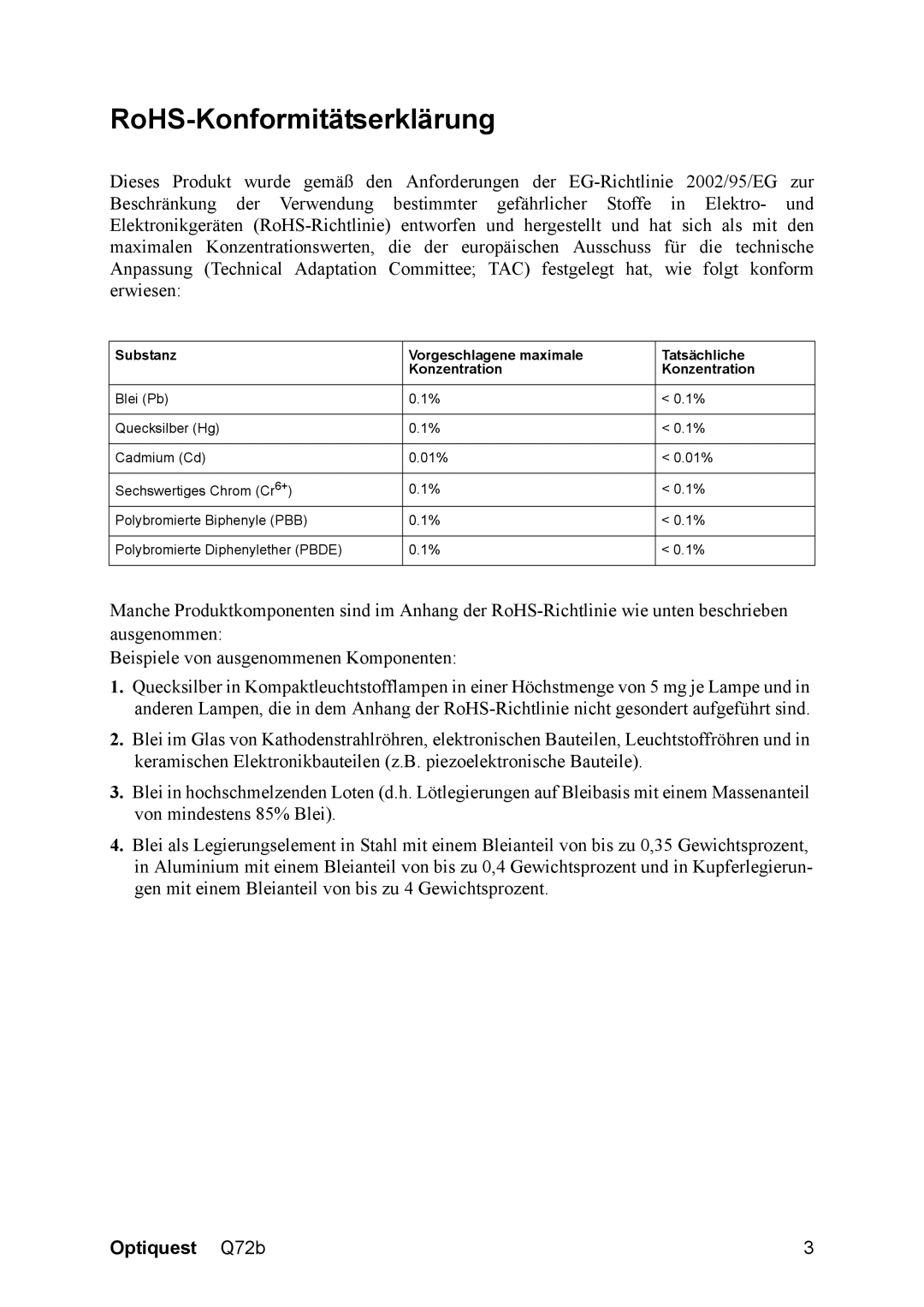 Optiquest VS12087 manual RoHS-Konformitätserklärung, Substanz Vorgeschlagene maximale Tatsächliche Konzentration 