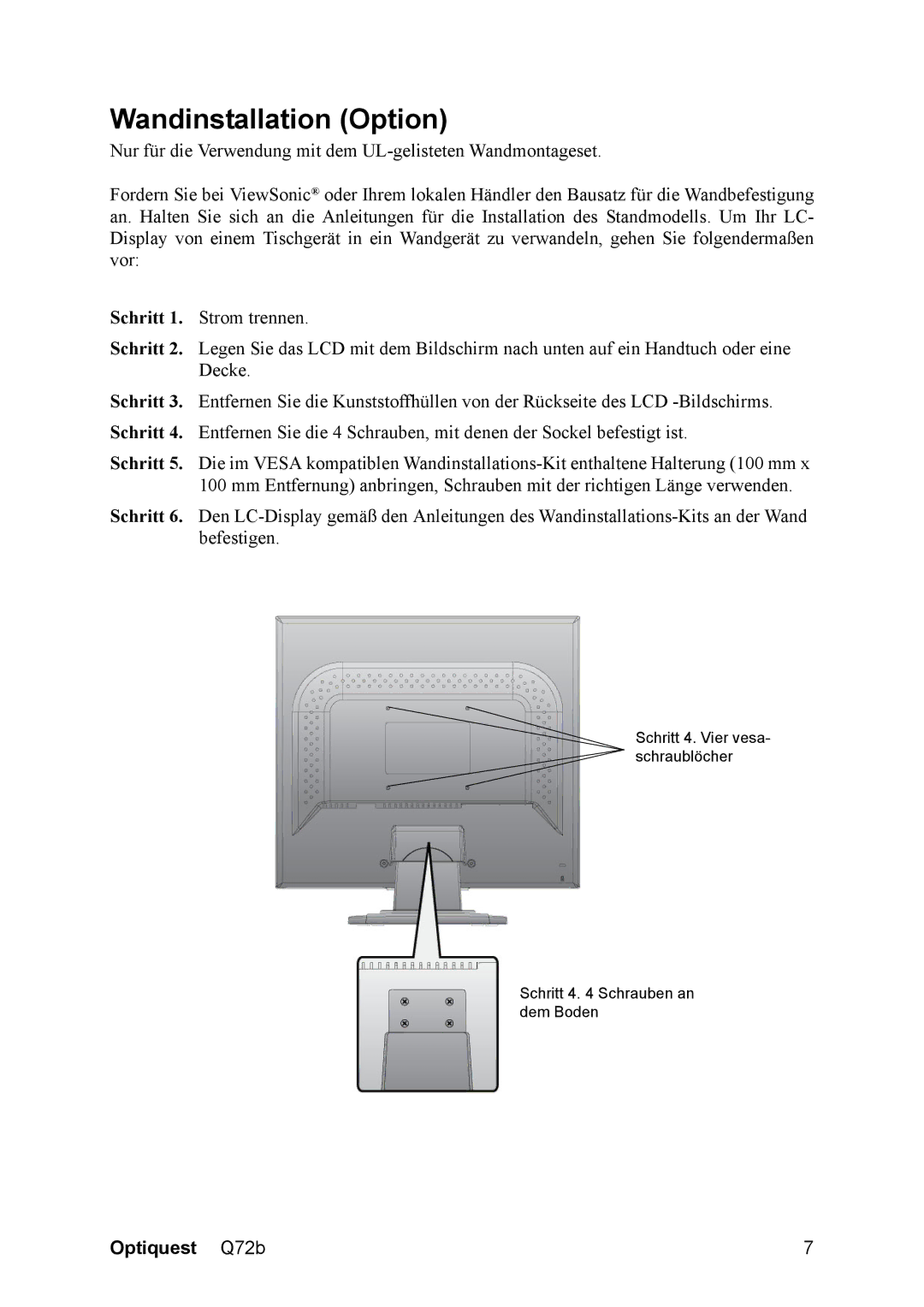 Optiquest VS12087 manual Wandinstallation Option 