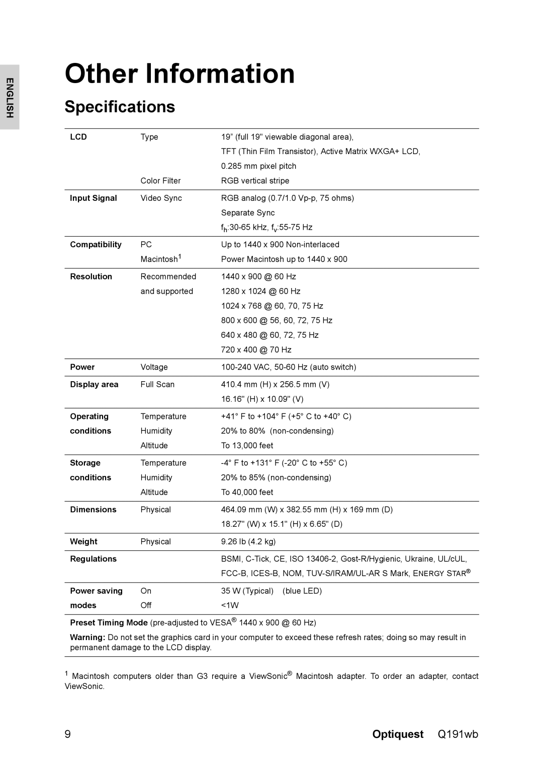 Optiquest VS12105 warranty Other Information, Specifications 