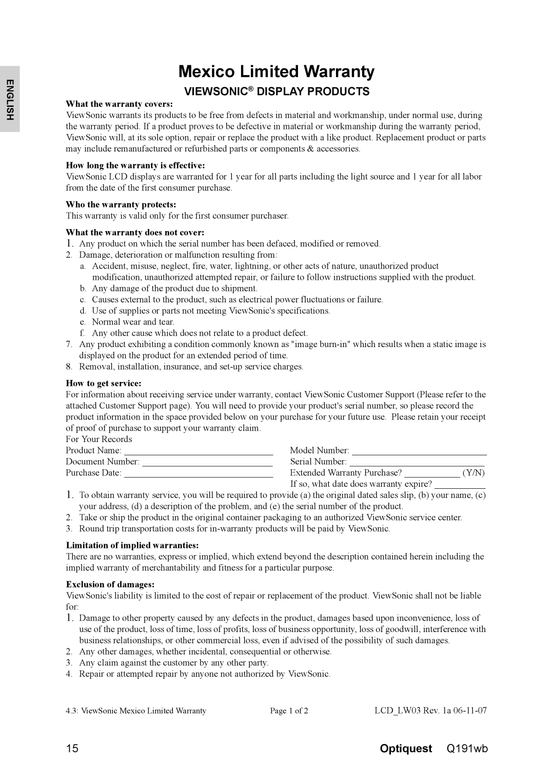 Optiquest VS12105 warranty Mexico Limited Warranty, Viewsonic Display Products 