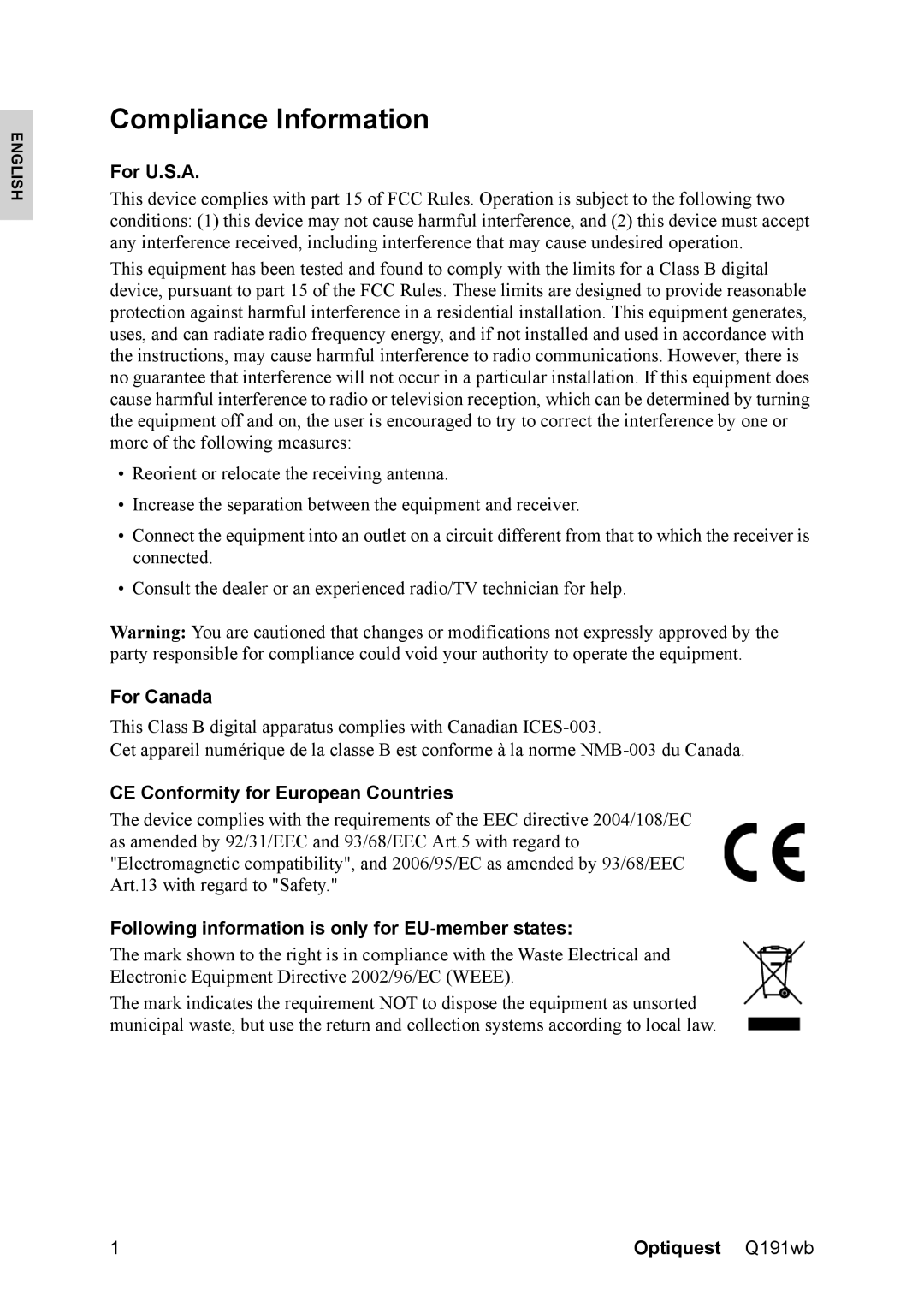 Optiquest VS12105 warranty Compliance Information, For U.S.A, For Canada, CE Conformity for European Countries 