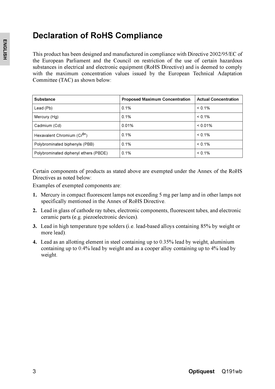 Optiquest VS12105 warranty Declaration of RoHS Compliance 