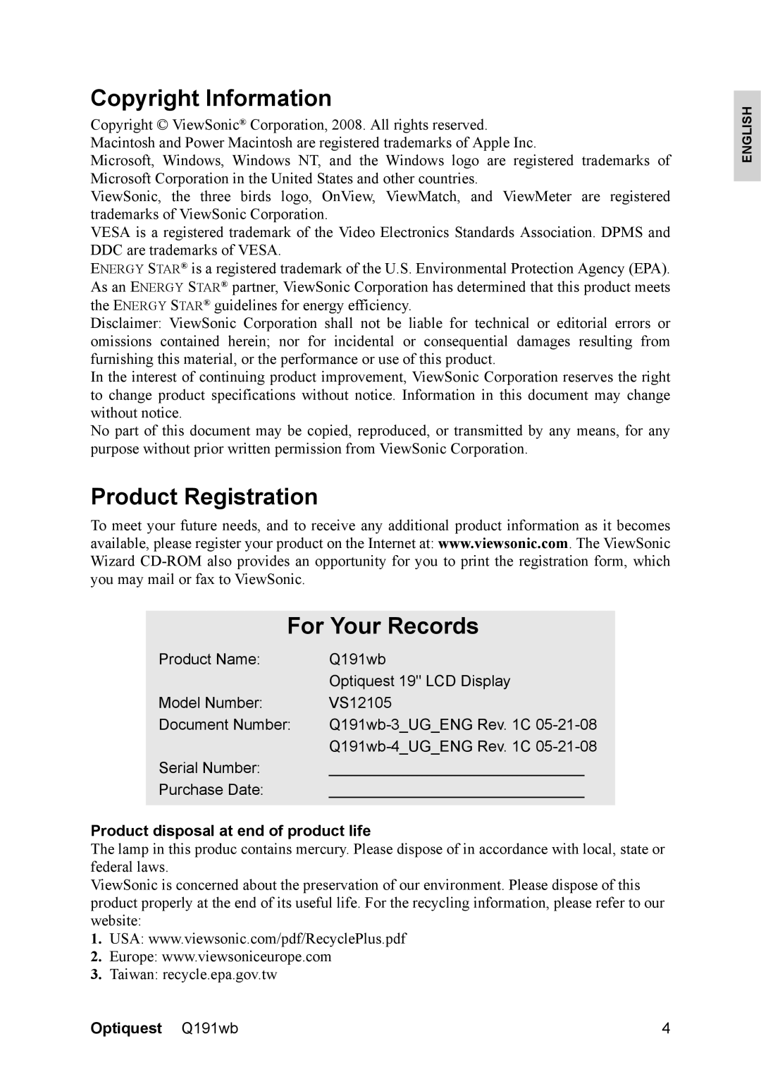 Optiquest VS12105 Copyright Information, Product Registration For Your Records, Product disposal at end of product life 