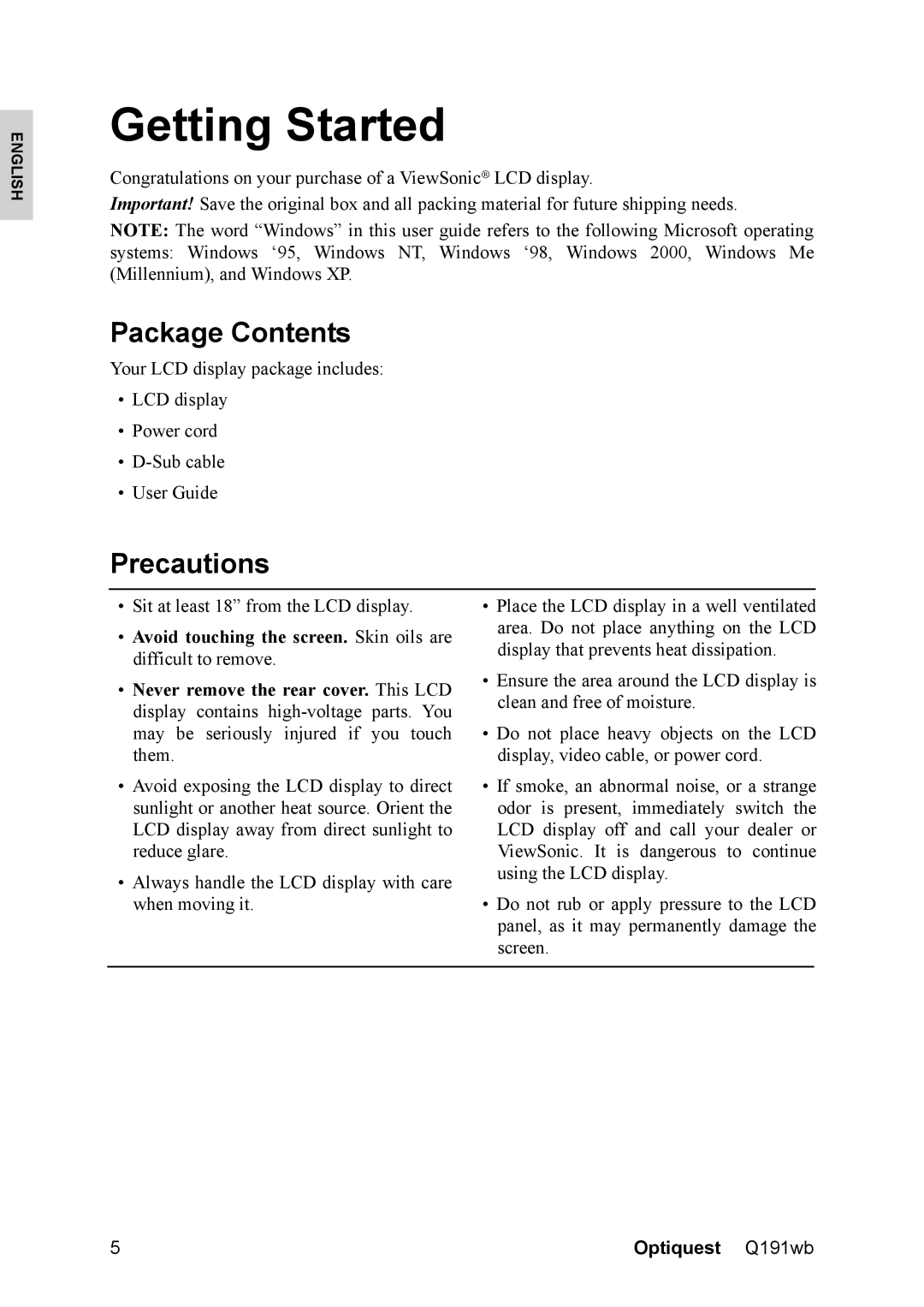 Optiquest VS12105 warranty Getting Started, Package Contents, Precautions 