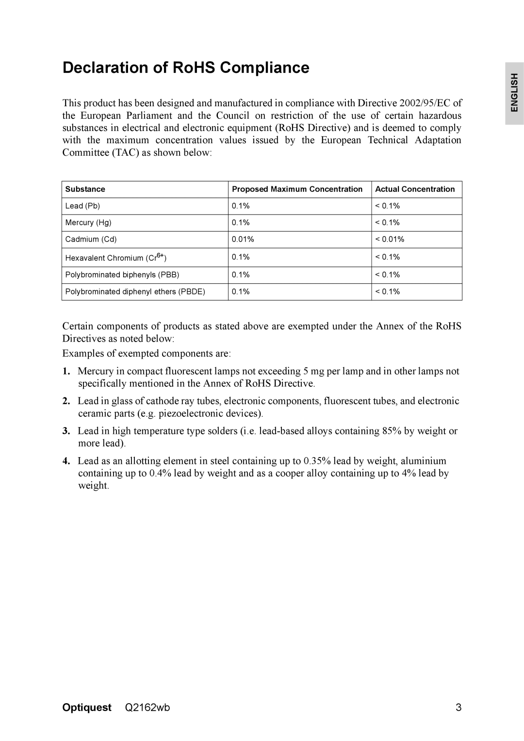 Optiquest VS12107 warranty Declaration of RoHS Compliance 