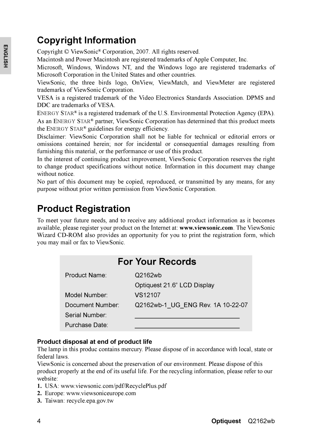 Optiquest VS12107 Copyright Information, Product Registration For Your Records, Product disposal at end of product life 